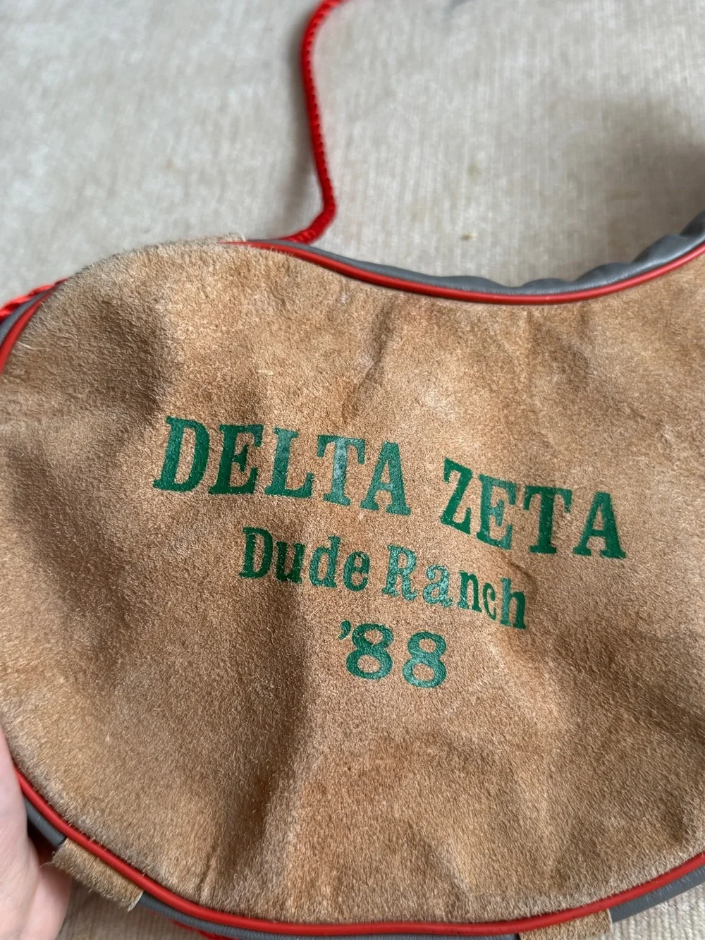 Delta Zeta '88 Kids Brown Suede Canteen Bag with Red Trim